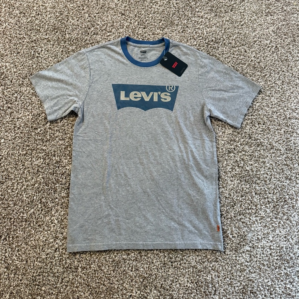 Levi's Relaxed Fit Contrast Logo Crewneck Ringer T Shirt Gray Orange Tag